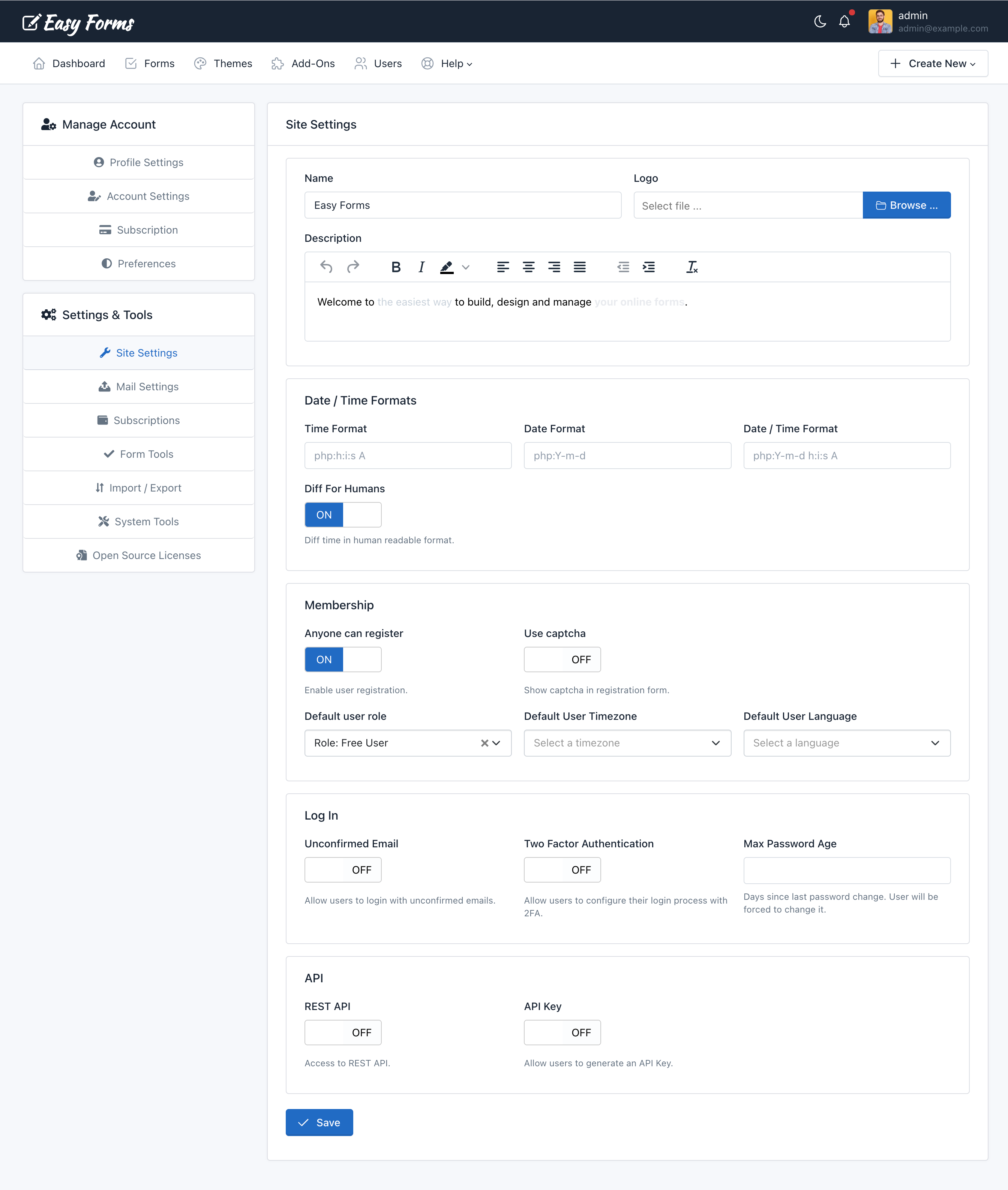 Easy Forms - Site Settings