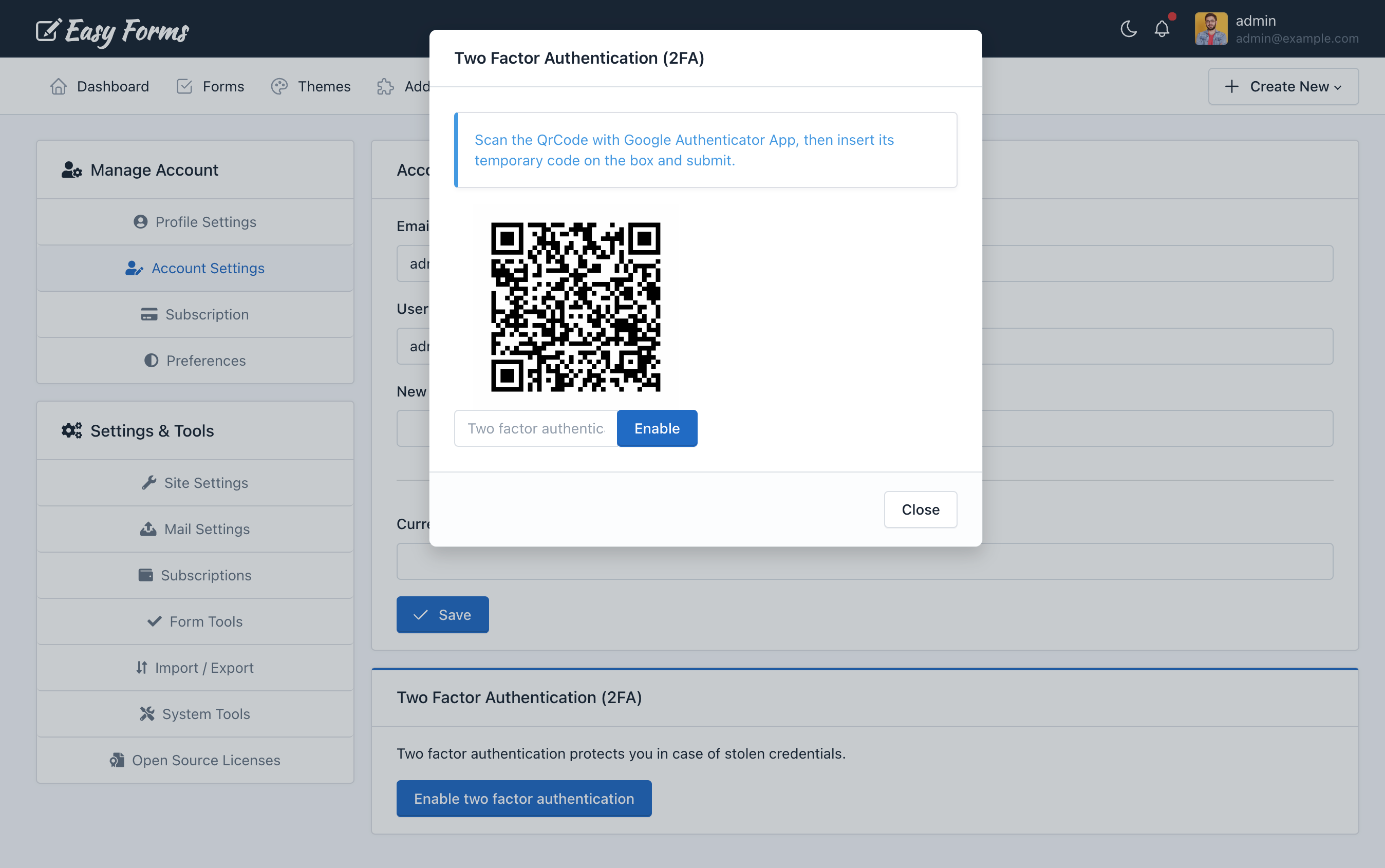 Enable 2FA on user account - Easy Forms