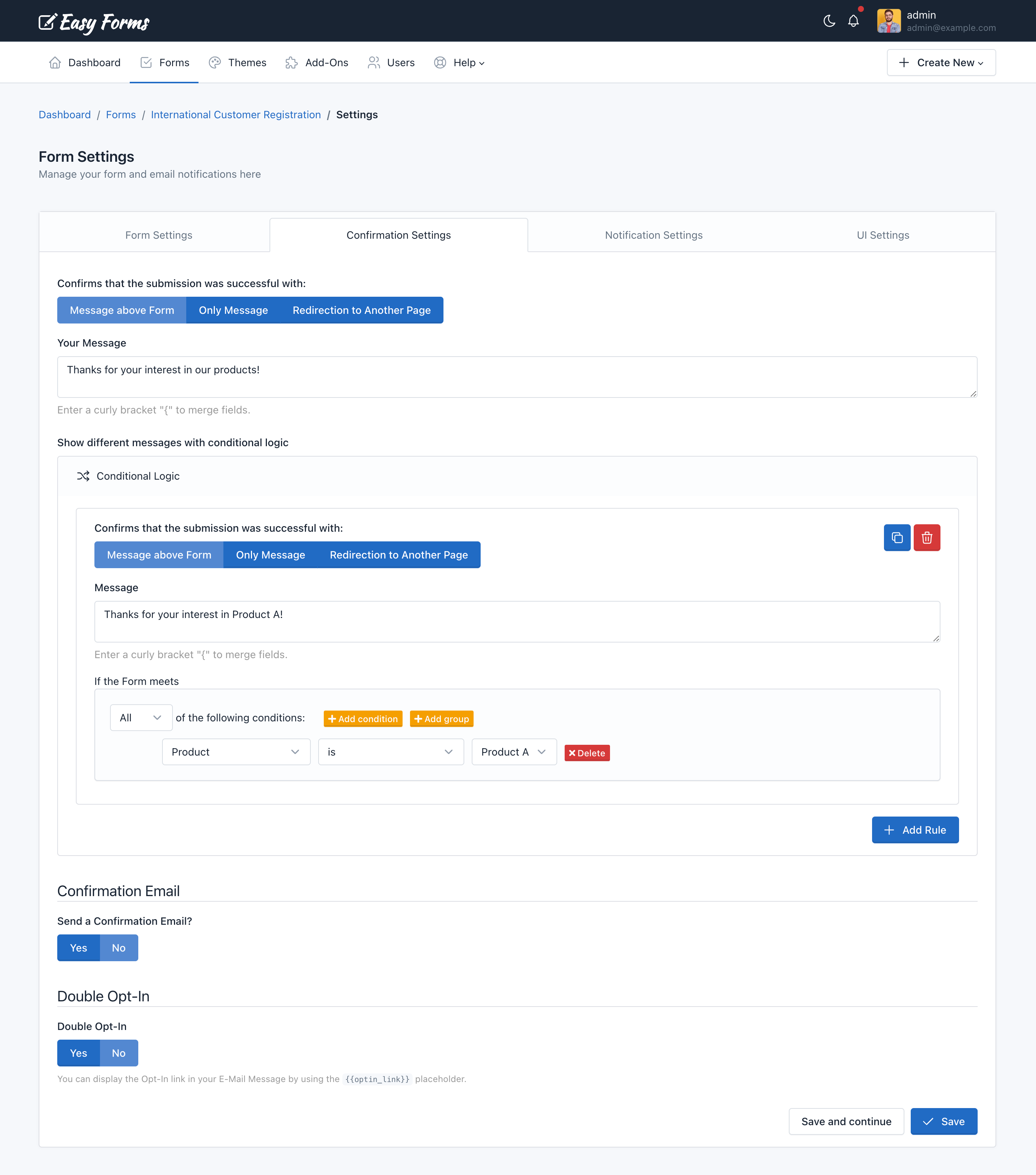 Easy Forms - Confirmation Settings