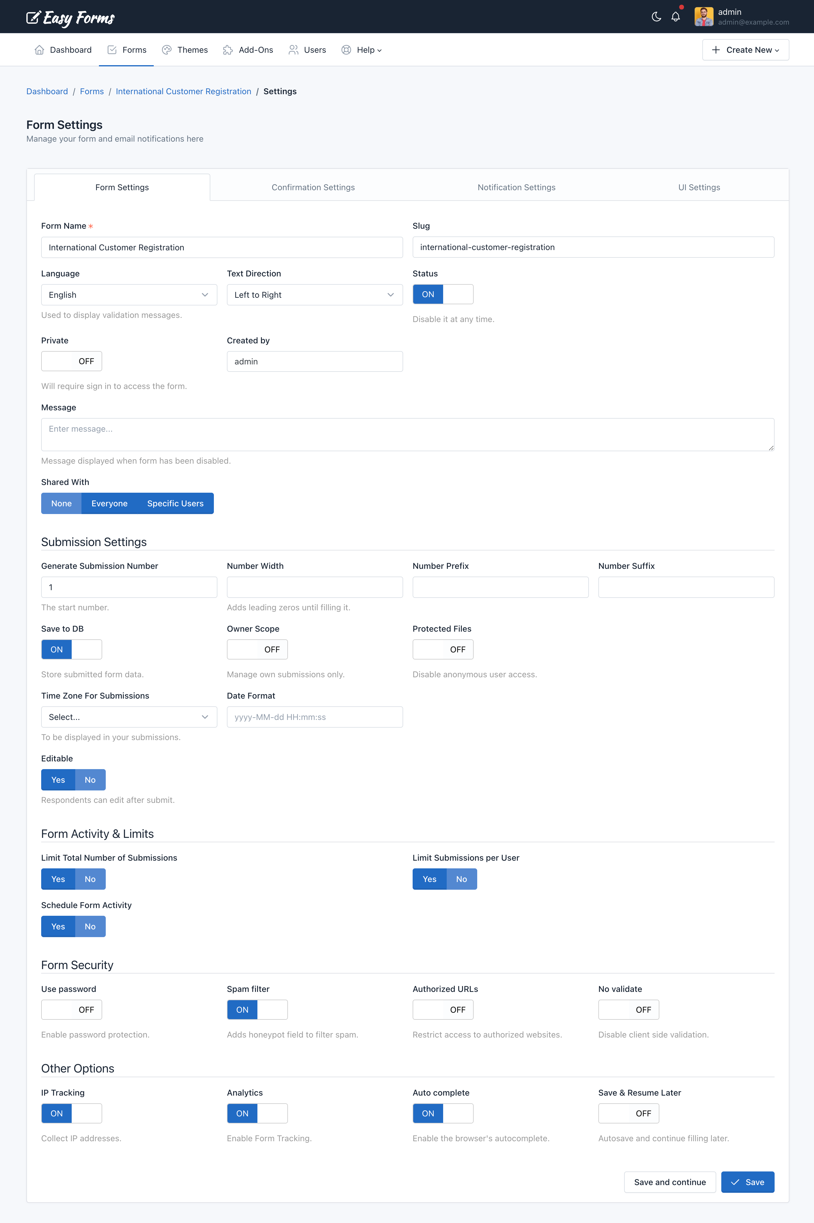 Easy Forms - Form Settings