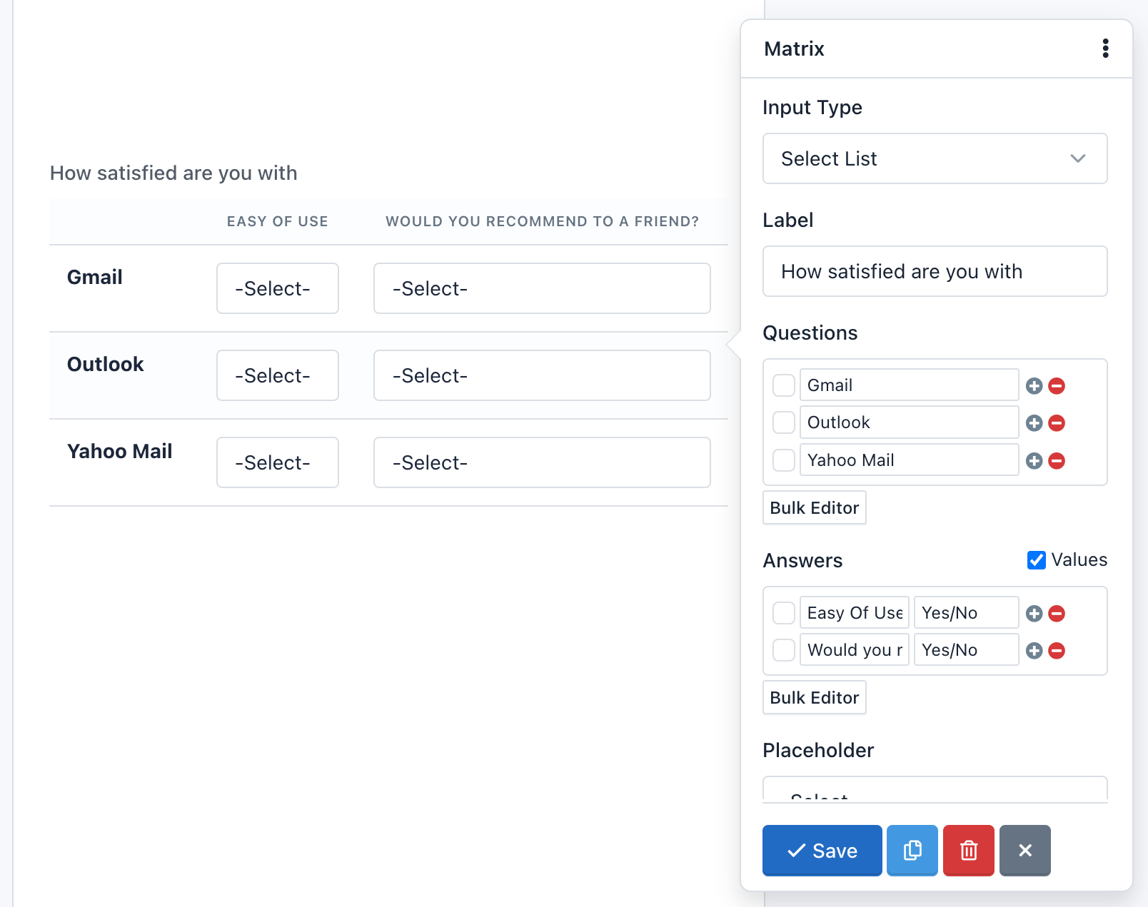 Easy Forms - Form Builder - Matrix Field with Select List