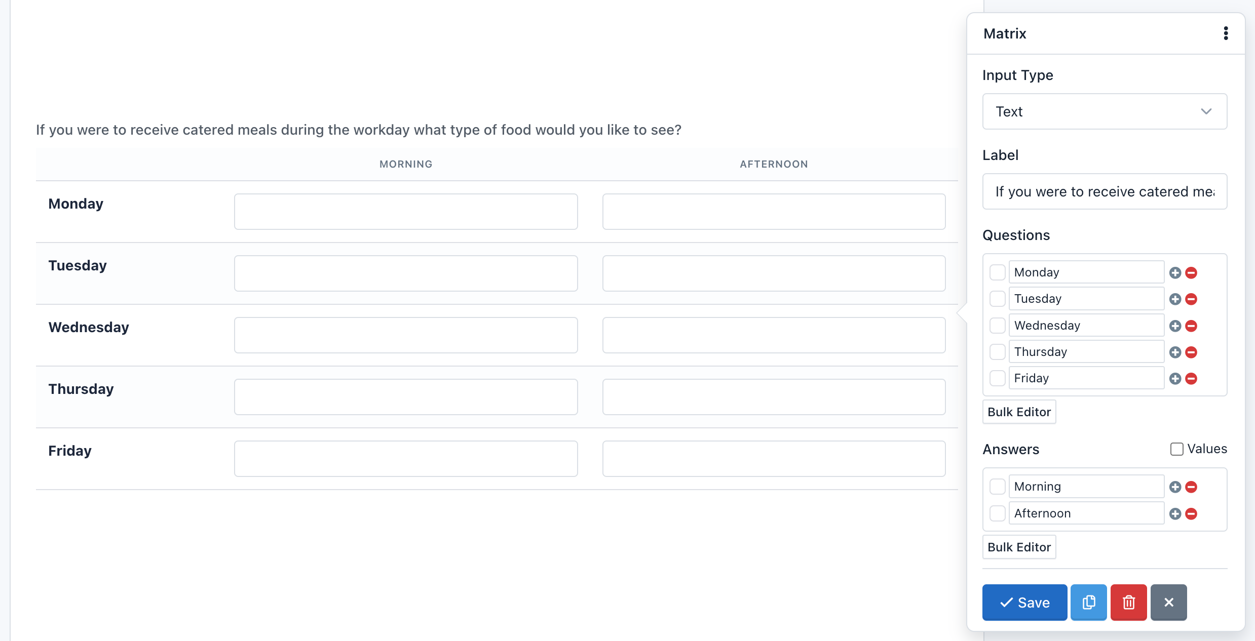 Easy Forms - Form Builder - Matrix Field with Text Inputs